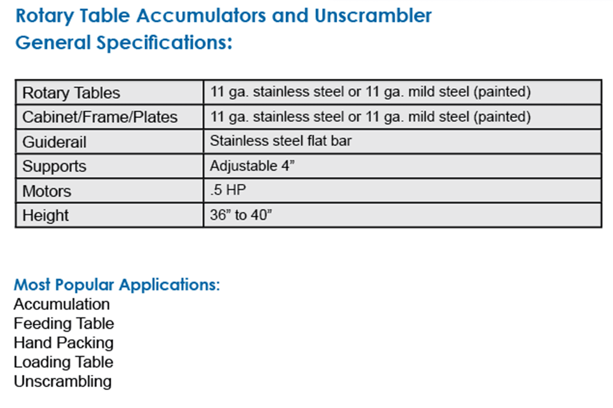 Rotary table specifications from Multi-Conveyor